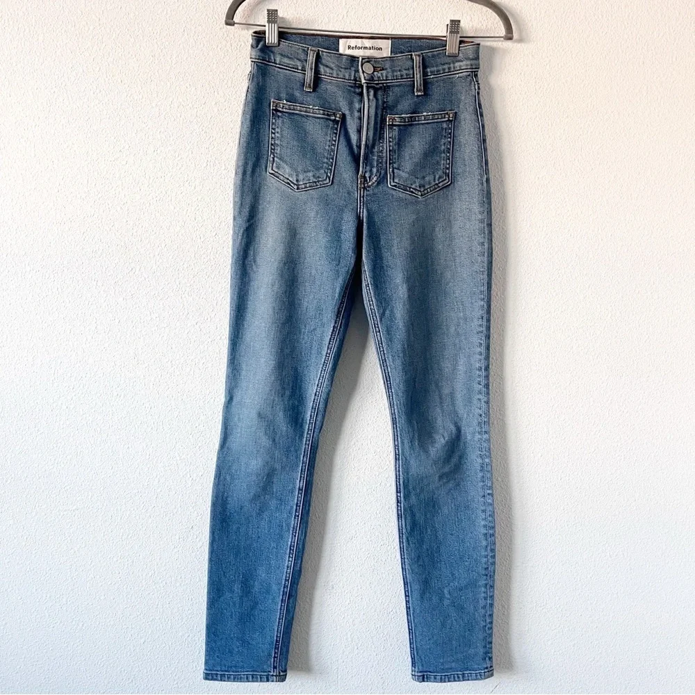 Reformation High Rise Skinny Crop Jeans Catalina Wash Patch Pocket Denim